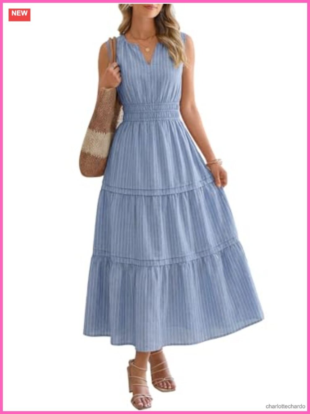 Striped Maxi Dress Sleeveless V-Neck Empire Waist Cotton Blend Flowy Beach
